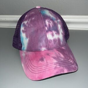 Purple, Pink, & Blue tie dye trucker hat with high ponytail holder